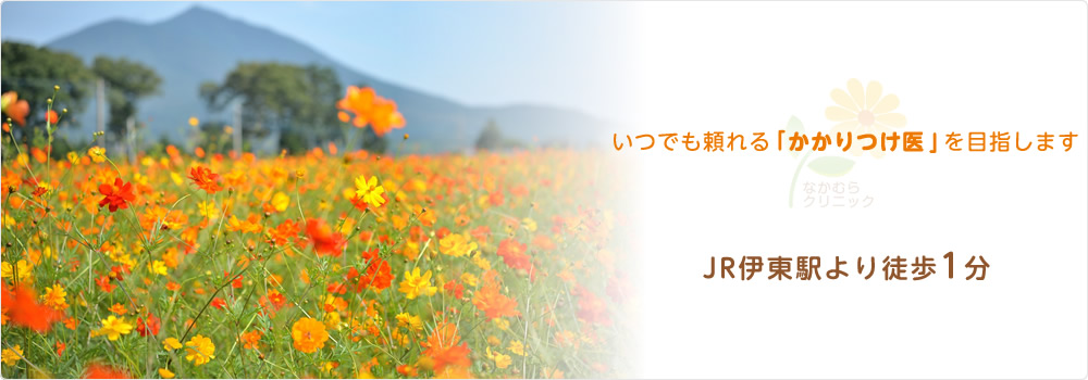 いつでも頼れる「かかりつけ医」を目指します　お困りのことがございましたら、お気軽にご相談ください　JR伊東駅より徒歩1分